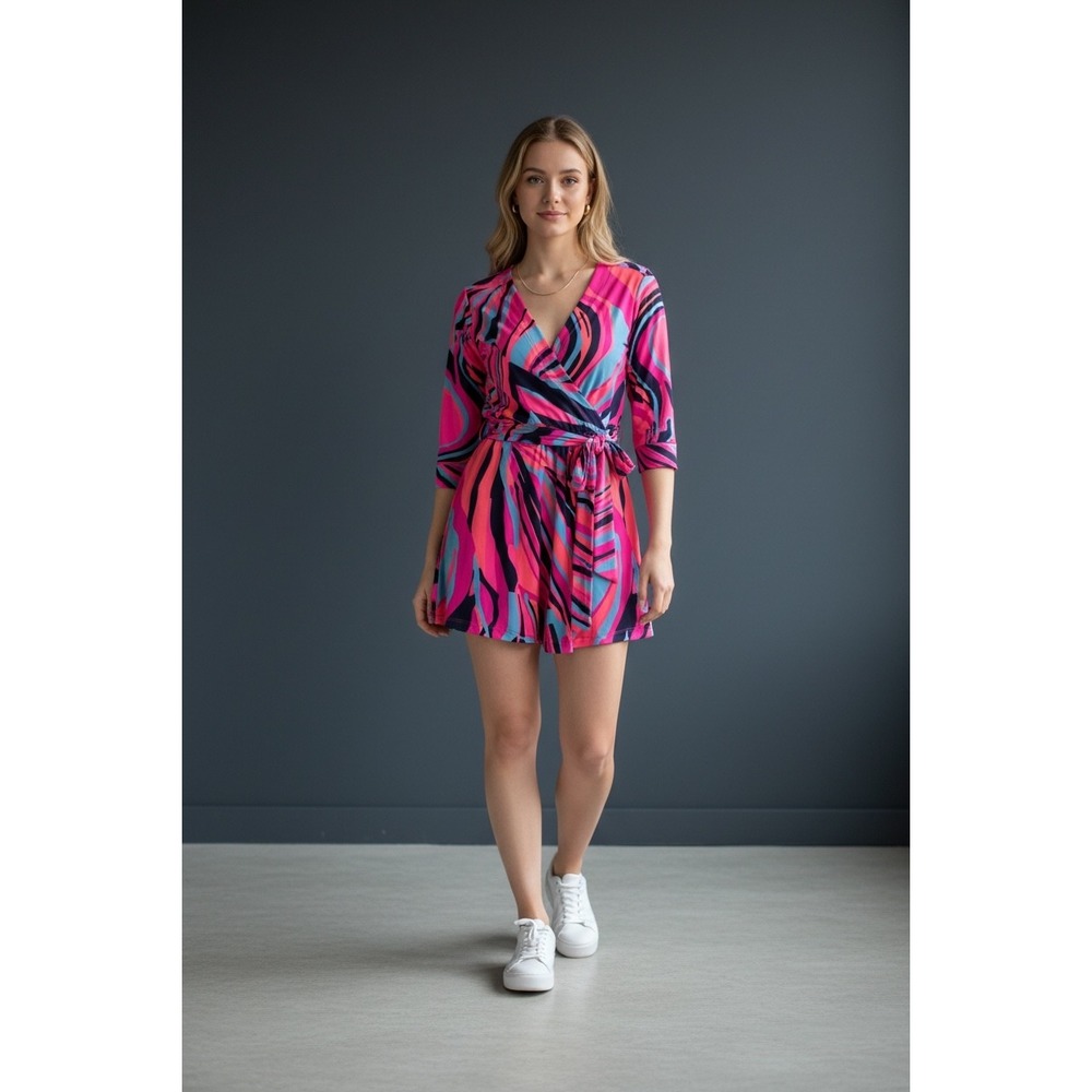 Julie Brown NYC Wrap Geometric Print Pink Blue jumper Romper shorts Small